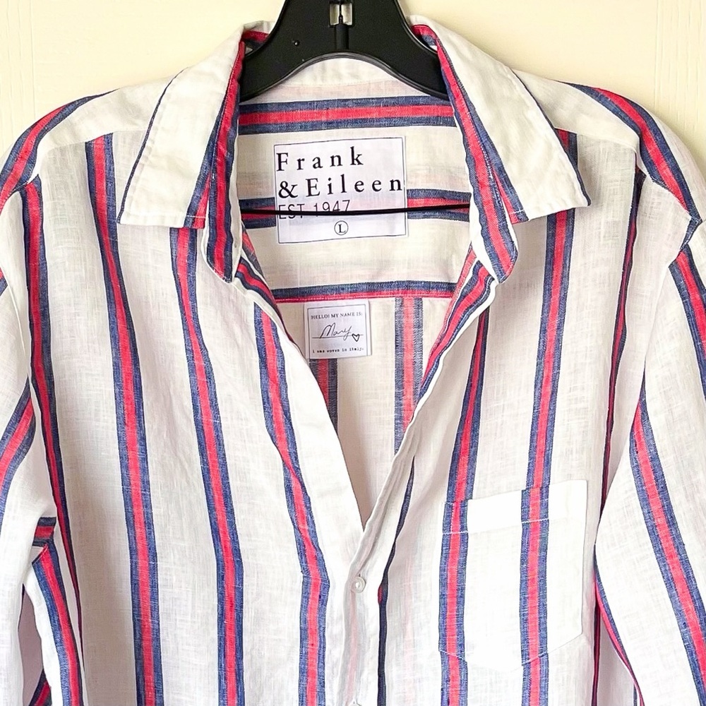 Frank & Eileen Mary Linen Shirt Dress Mini Red Navy White Stripe Large EUC - Picture 5 of 8